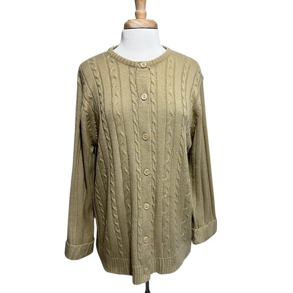 Vintage Sara Morgan Cable Knit Button Down Cardigan Sweater Women's L Tan Beige - Picture 1 of 6